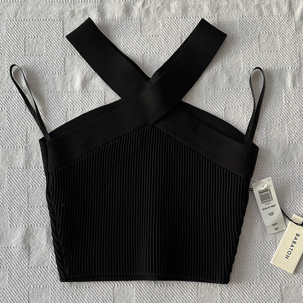 Babaton Black Ribbed Cross-Back Crop Camisole
